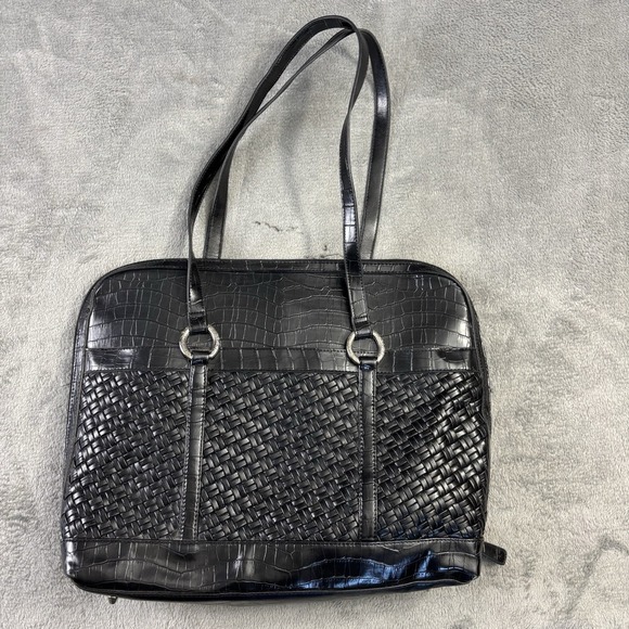 Coldwater Creek Leather Bag Woven Computer Laptop Tote Office Work ManMade 16x12 - Picture 5 of 13